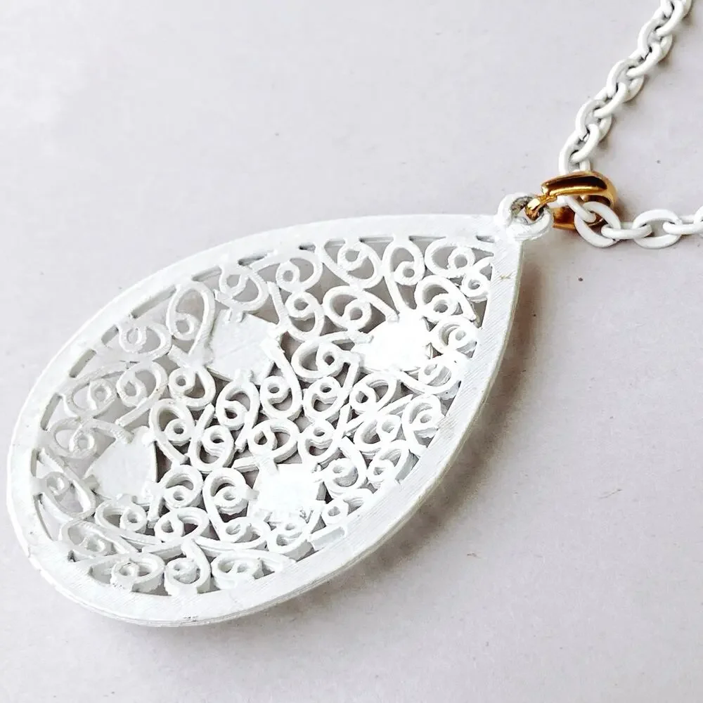 VTG 1960s 1970s Pendant Necklace White Enamel Filigree Mod Statement Jewelry